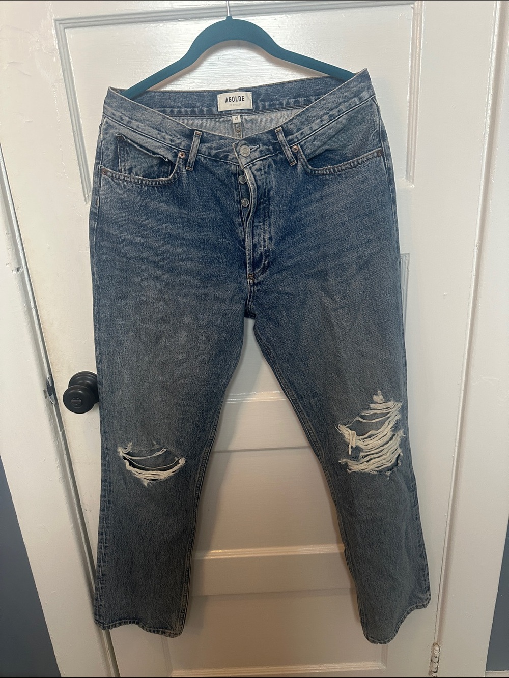 Agolde Washed Distressed High-Rise Straight Jeans